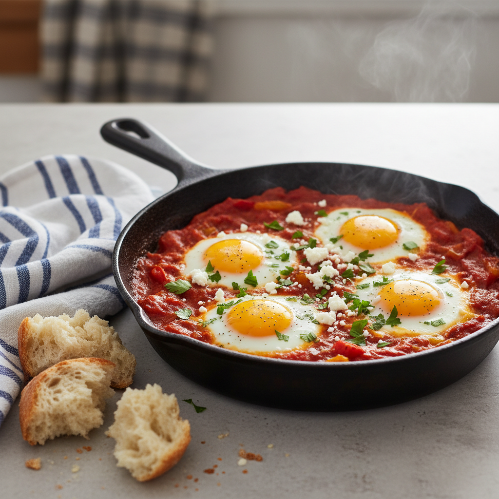 A close-up photographic image of a single, perfectly cooked skillet of shakshuka, with vibrant red tomato sauce gently bubbling around softly set eggs, yolks glowing a deep golden yellow. The cast-iron pan rests on a light stone countertop beside a neatly folded striped kitchen towel and a few torn pieces of crusty bread. Natural window light from the right creates bold highlights on the glossy sauce and subtle reflections on the pan’s dark surface, while the background softly blurs into neutral tones. Steam rises faintly, suggesting warmth and freshness. The mood is bold yet comforting and accessible, ideal for beginners. Composed at a three-quarter angle with the skillet centered and garnishes of fresh parsley and crumbled feta adding bright color, in crisp photographic realism.