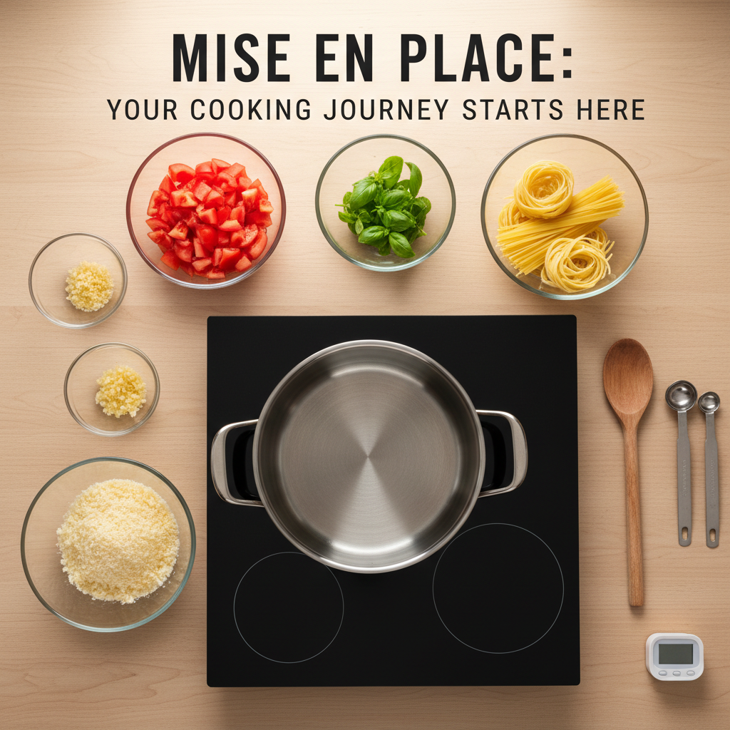 A step-by-step cooking scene captured in one photographic frame: a light wooden countertop scattered with clear glass bowls containing prepped ingredients for a simple pasta dish. There is a bowl of chopped tomatoes, a small dish of minced garlic, a handful of fresh basil leaves, a mound of grated Parmesan, and a nest of dry spaghetti, all neatly arranged around a large stainless-steel pot on an induction cooktop. Overhead natural light from an unseen window creates clean, bright illumination with crisp shadows, emphasizing textures and colors. Measuring spoons, a wooden spoon, and a simple timer sit nearby, suggesting ease and organization. The composition uses a top-down view, balanced and uncluttered, with a bold, energetic yet reassuring mood that visually explains “mise en place” to beginner cooks, in realistic, modern photographic style.