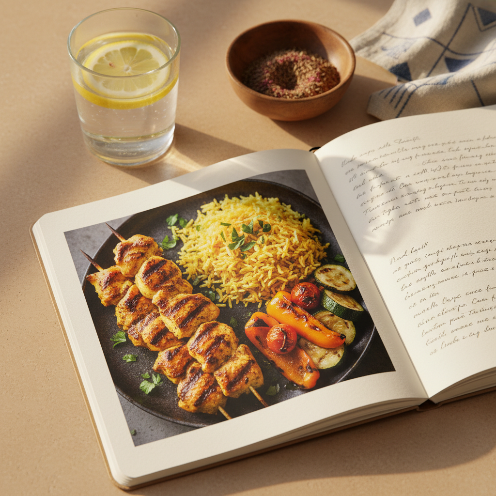 A bilingual recipe concept represented visually: a sleek, open notebook lying on a warm beige kitchen counter, one page showing a beautifully photographed plate of grilled chicken skewers with saffron rice and grilled vegetables, the opposite page covered in faint, illegible scribbles that imply writing in two directions. Around the notebook lie subtle cultural details: a small bowl of mixed spices with visible cumin and sumac, a glass of water with lemon slices, and a linen napkin with a minimal geometric pattern. Golden hour window light washes over the scene from the top left, casting elongated, soft shadows and creating a cozy, contemplative atmosphere. Shot from a slightly elevated angle with shallow depth of field, the focus remains on the bold, colorful dish photo and the textured paper, evoking clarity and accessibility in both Arabic and English, in clean photographic realism.